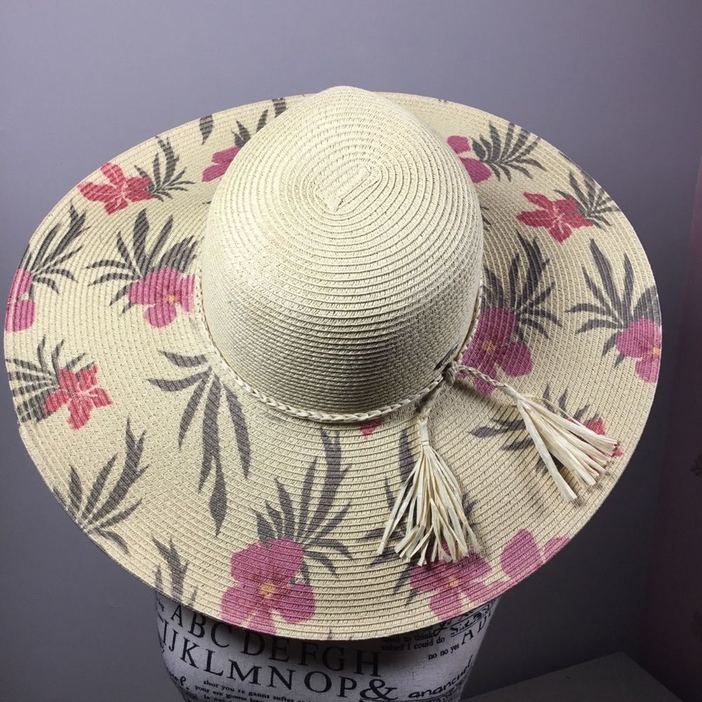 Karen Keith pink hibiscus pattern hat wide brim plaited rim detail 17 1/2” rim - Picture 3 of 8